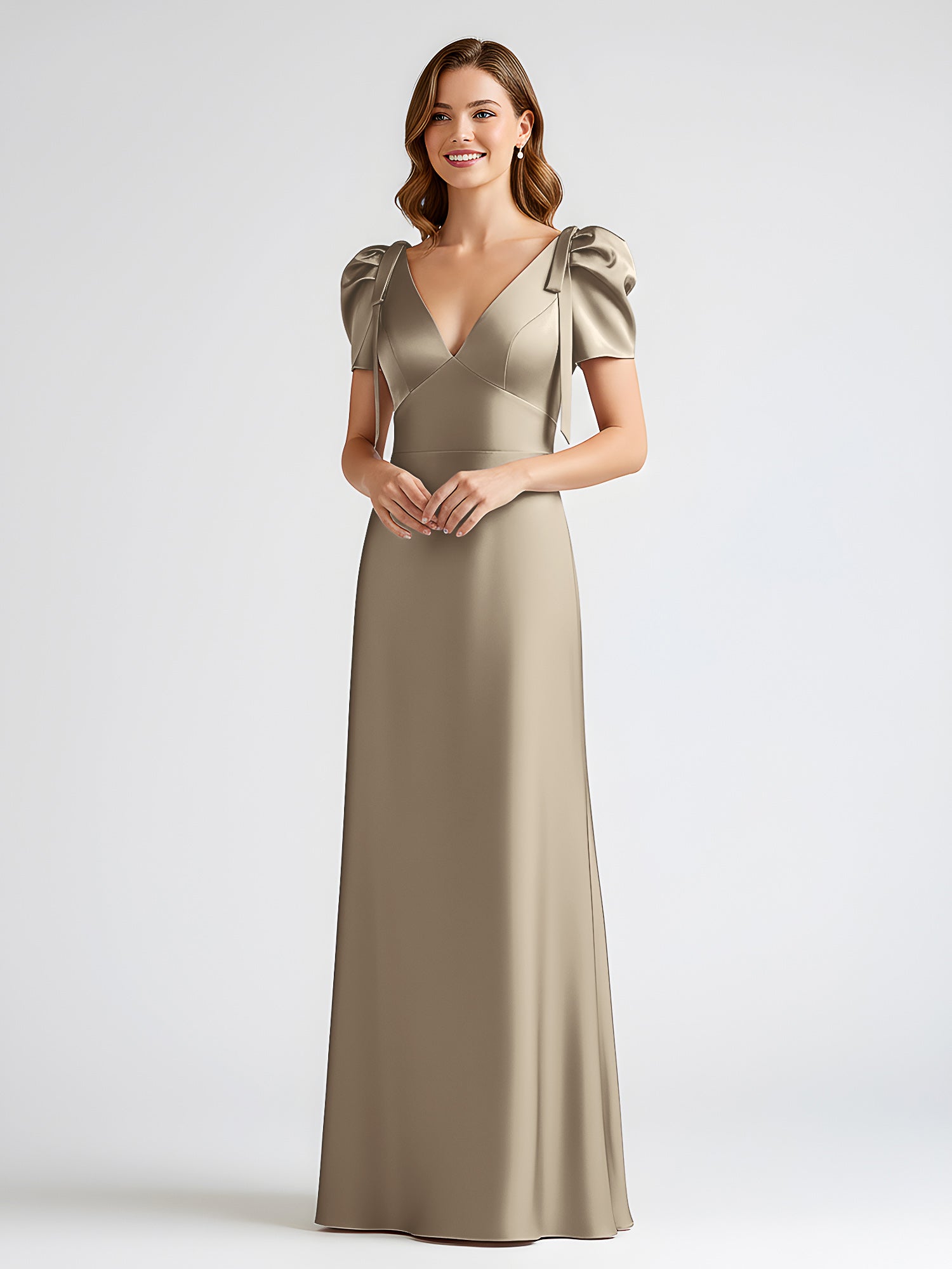 cheap taupe bridesmaid dresses Stacees A-line Cowl Neck Stretch Satin Long Bridesmaid Dresses with Slit