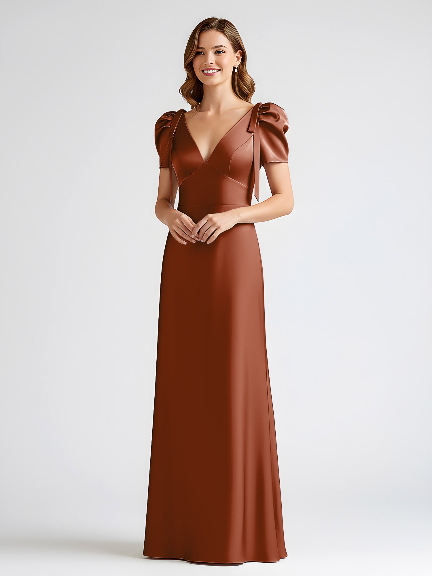 terracotta dresses for bridesmaid BABARONI Satin V-neck Floor-length Short Bow Sheath/Column, Terracotta / US0 maid of honor and bridesmaid dresses