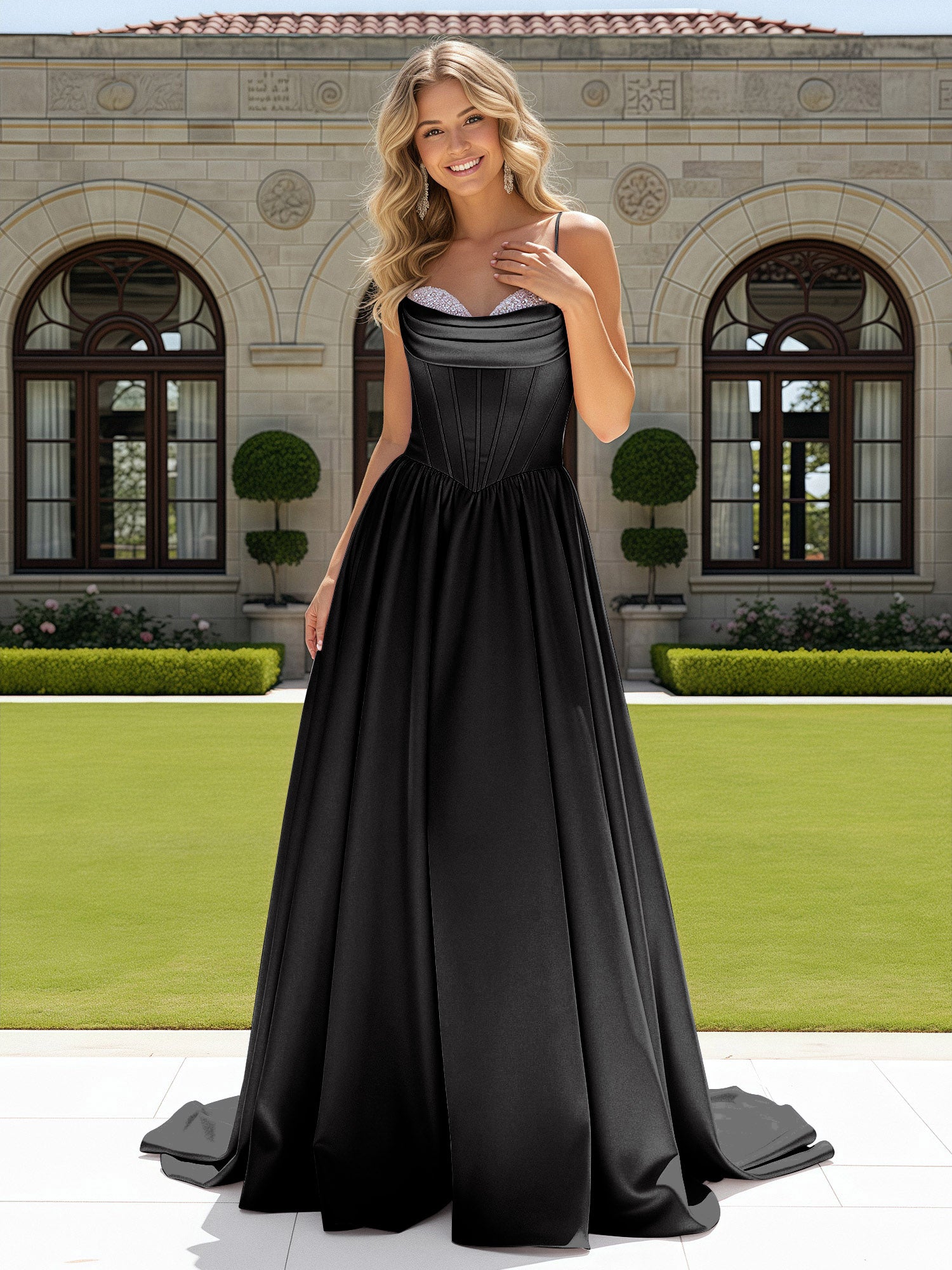 BABARONI Satin Black Prom Dresses A-line Sweetheart Beaded Ruched Sweep