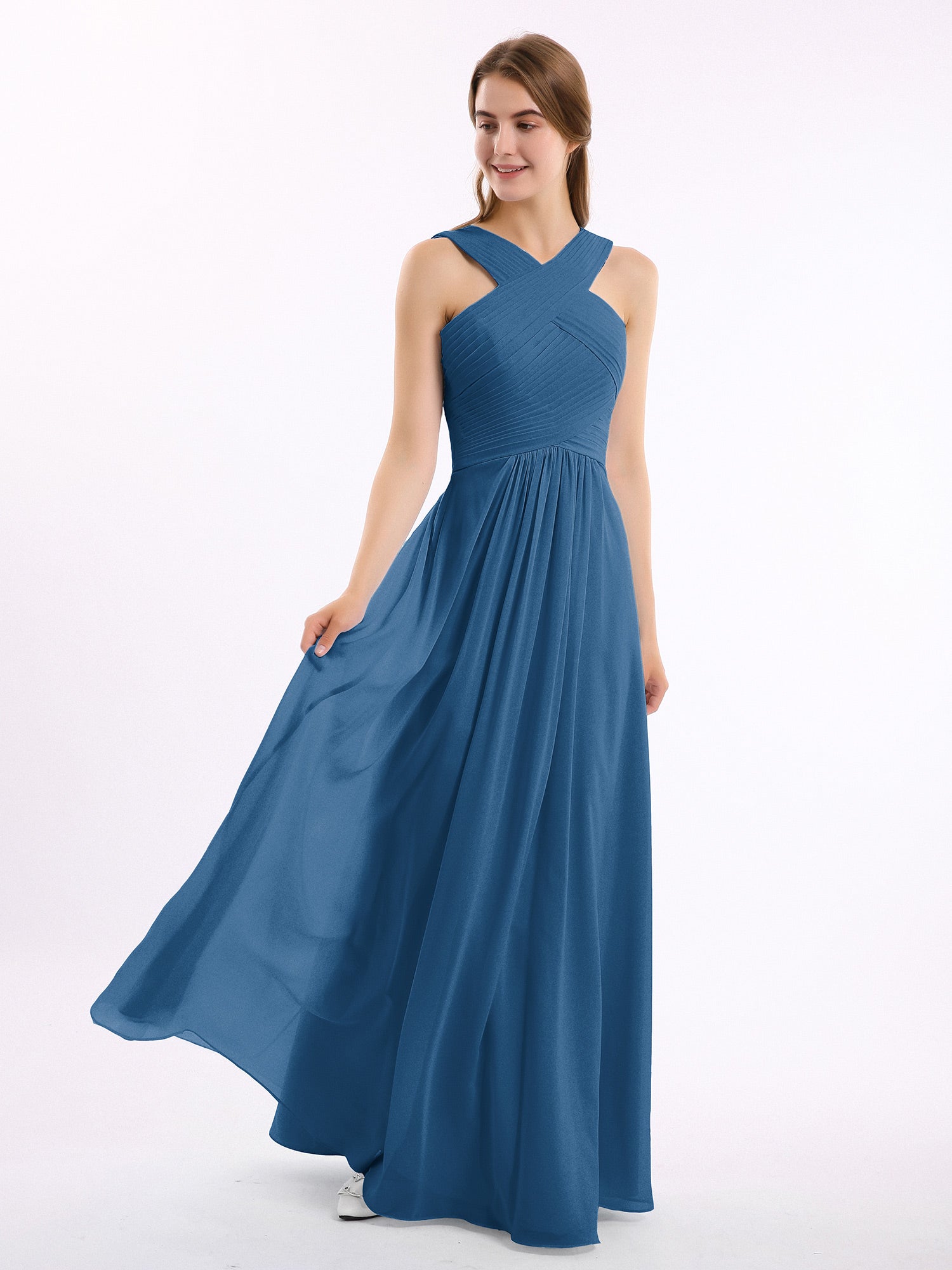 Cross Shoulder Strap Chiffon Dress with Empire Waist Ink Blue