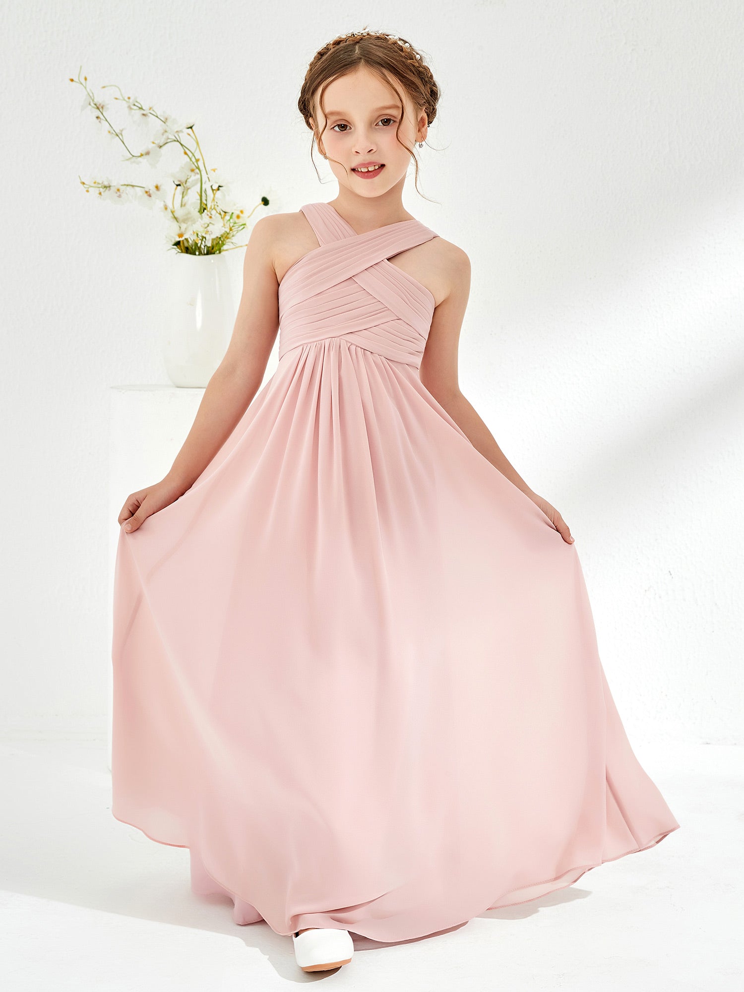 Cross Shoulder Strap Junior Bridesmaid Dresses Olive Green