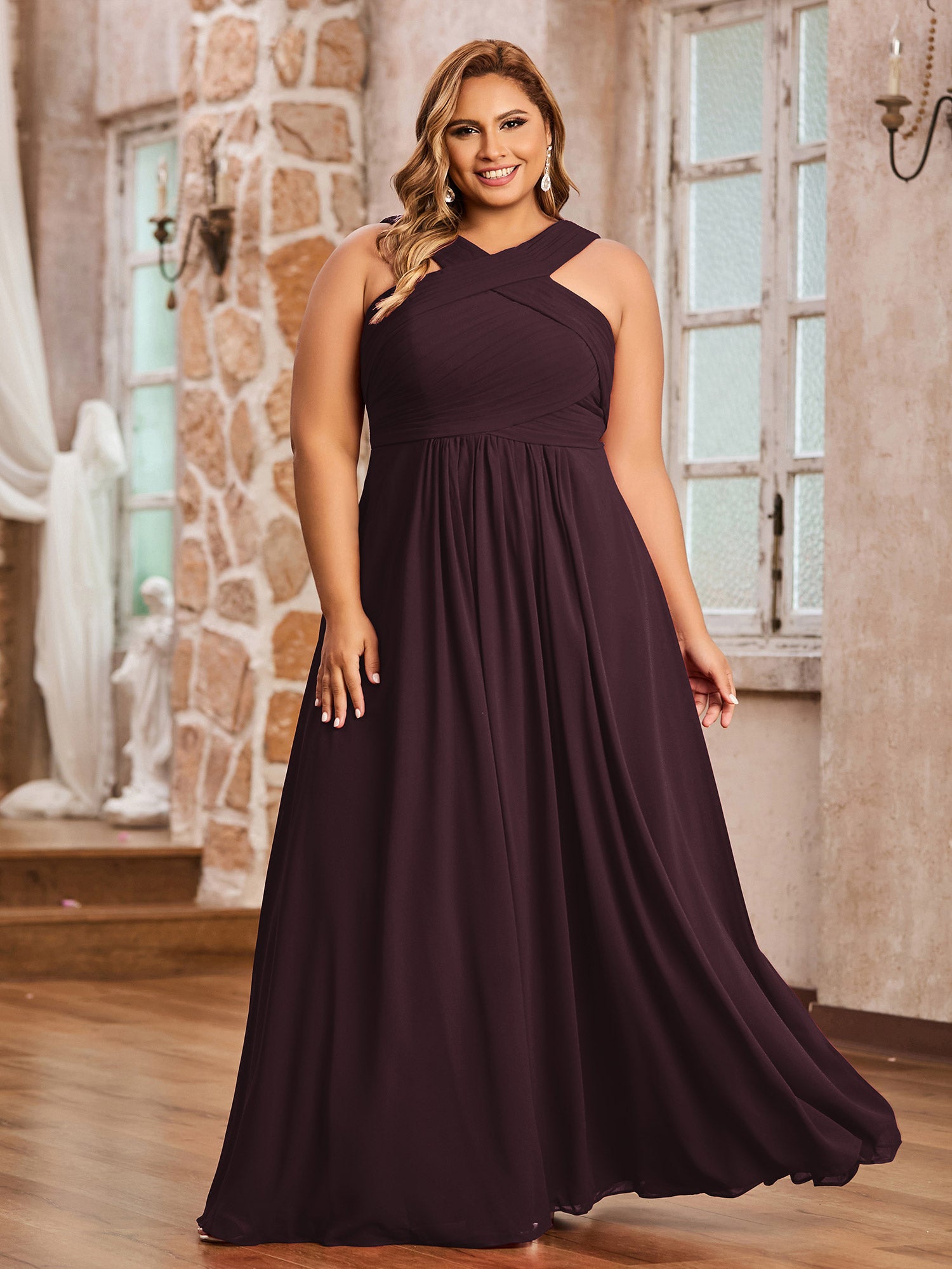 Cross Shoulder Strap Chiffon Dress with Empire Waist Cabernet