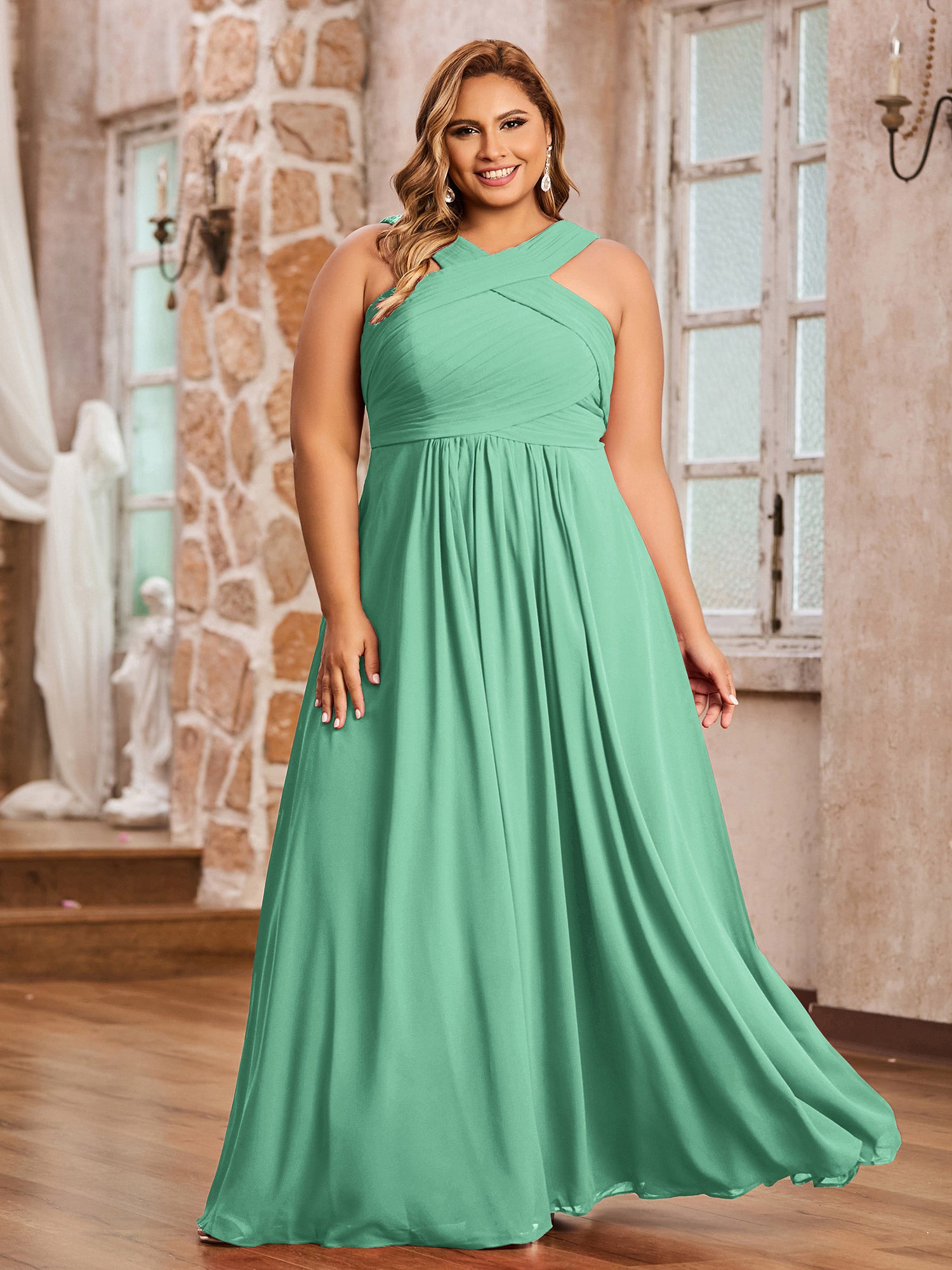 Turquoise Plus Size Chiffon Bridesmaid Dress A-Line Floor Length Cross Pleated | BABARONI