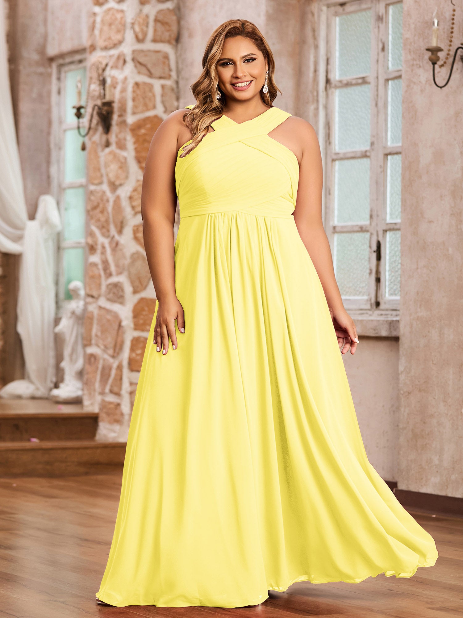 Lemon Plus Size Chiffon Bridesmaid Dress A-Line Floor Length Cross Pleated | BABARONI