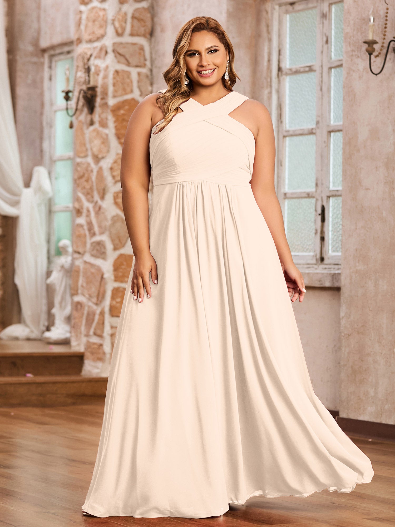 plus size peach bridesmaid dresses Ever-Pretty Amber Bloom Floor Length Bridesmaid Dress with Flutter Sleeves