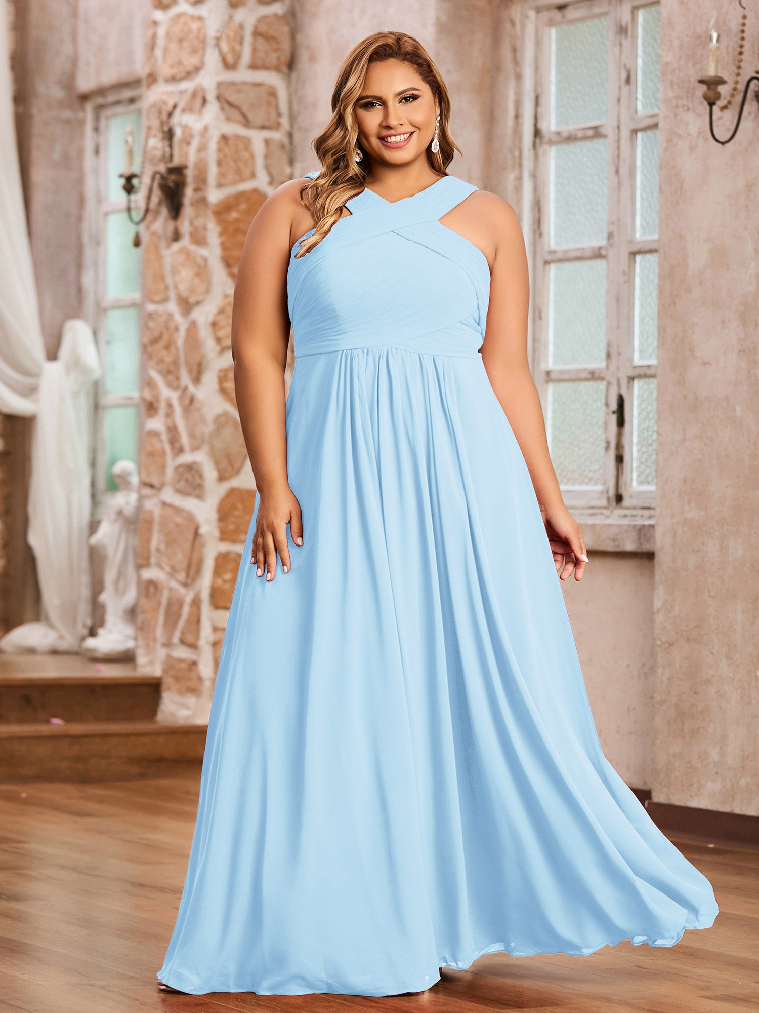 Long Chiffon Cross-Front Dress of Bridesmaids Sky Blue Plus Size