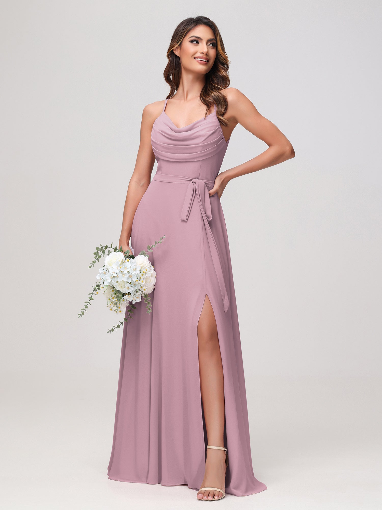 BABARONI Chiffon Vintage Mauve Bridesmaid Dresses Cowl Neck Floor