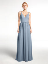 Spaghetti Strap Simple Chiffon Dress with Notch Neck Dusty Blue