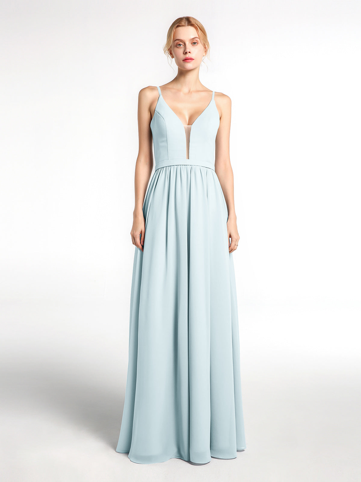 Spaghetti Strap Simple Dress with Notch Neck Dusty Blue