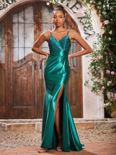 V-neck Spaghetti Straps Beaded Stretch Satin Long Dresses With Slit Dark Green