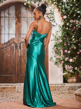 V-neck Spaghetti Straps Beaded Stretch Satin Long Dresses With Slit Dark Green