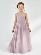 V-neck Pleated A-line Junior Bridesmaid Gowns Dusk