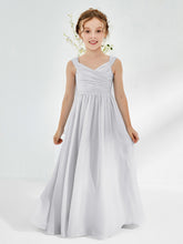 V-neck Pleated A-line Junior Bridesmaid Gowns Silver
