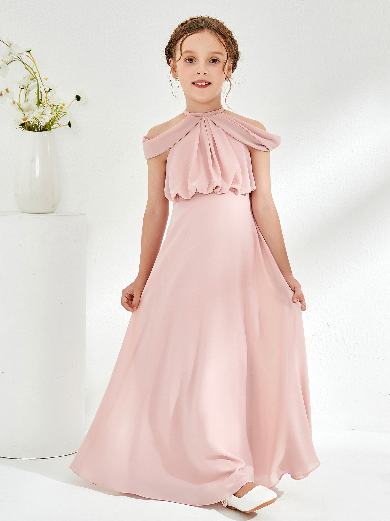 Off-the-shoulder Junior Bridesmaid Dresses with Sash Peacock main image 1