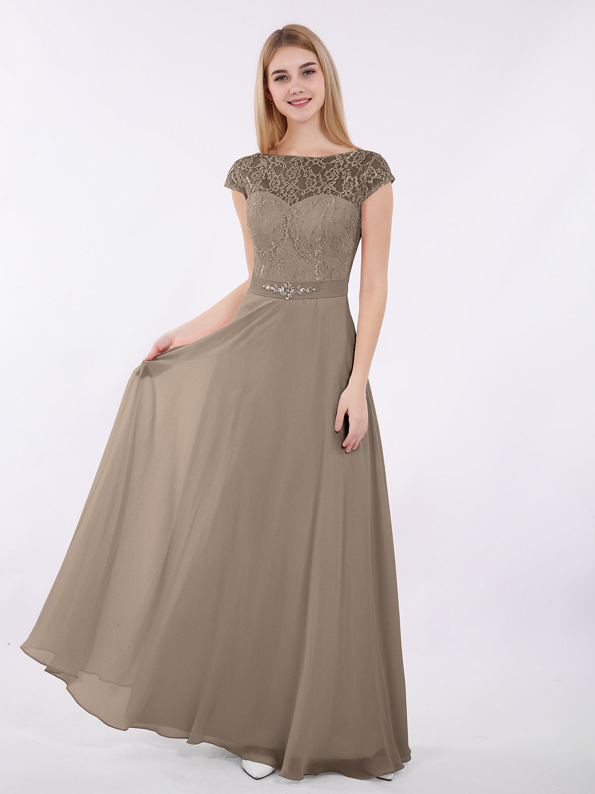 BABARONI Cap Sleeves Chiffon Dress with Sash Taupe Plus Size, Taupe / US18