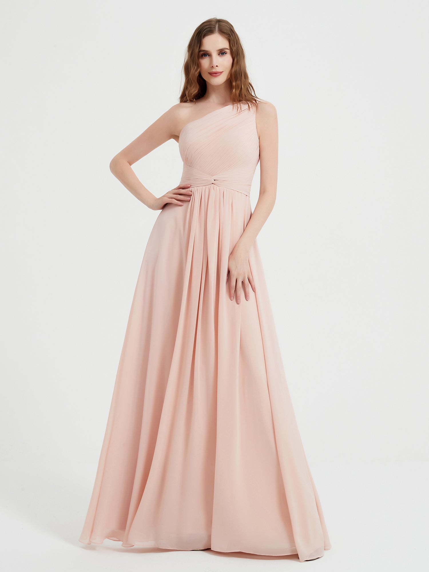 light pink one shoulder bridesmaid dresses BABARONI Chiffon Pearl Floor-length Sleeveless Ruched A-line, Pearl Pink / US0 long blush pink bridesmaid dresses