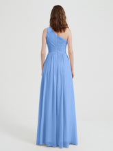 One Shoulder Dresses with Pleated Bodice Blue