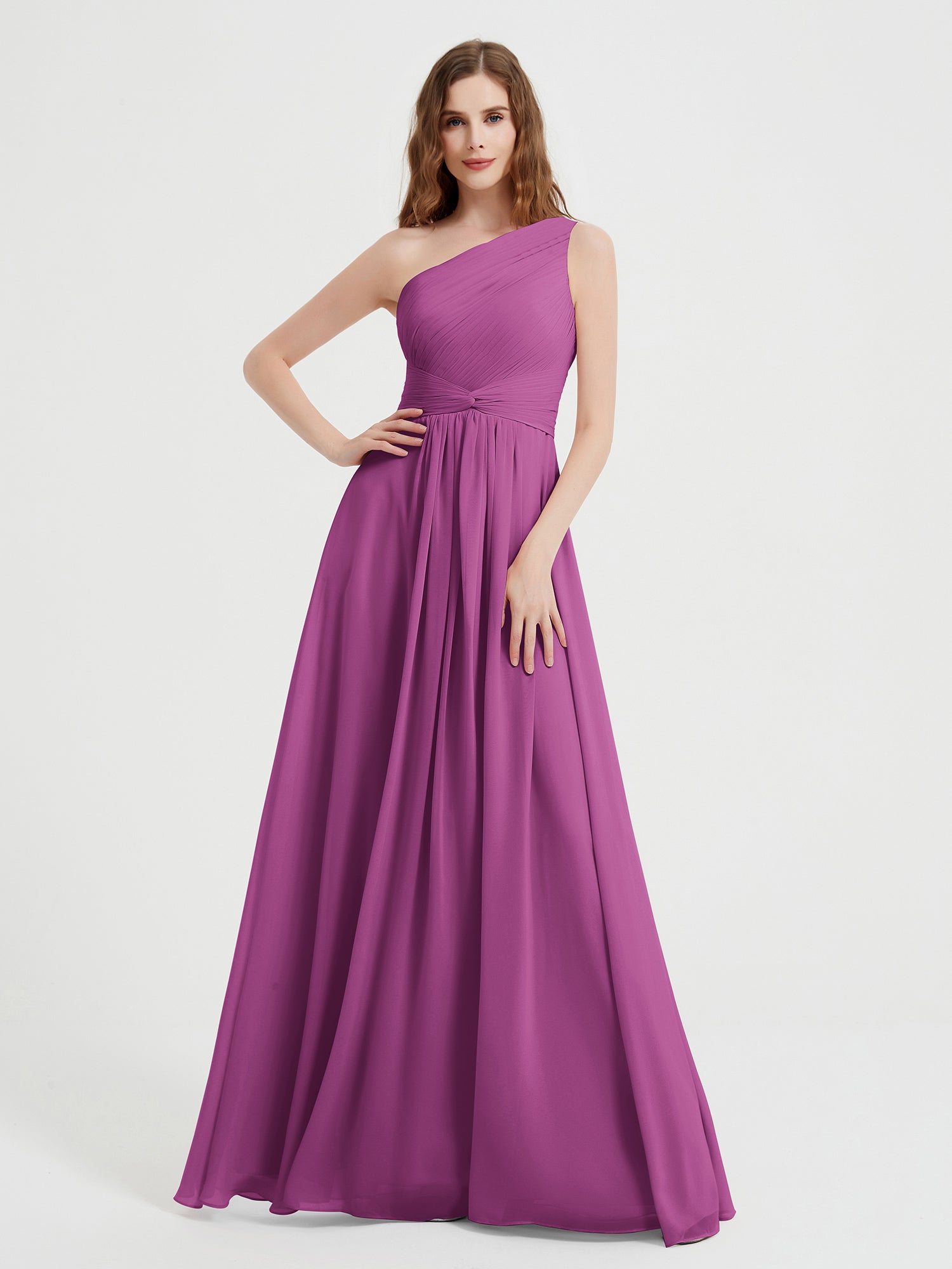 BABARONI BABARONI Chiffon Orchid Bridesmaid Dresses One Shoulder Floor-length Sleeveless Ruched A-line, Orchid / US0