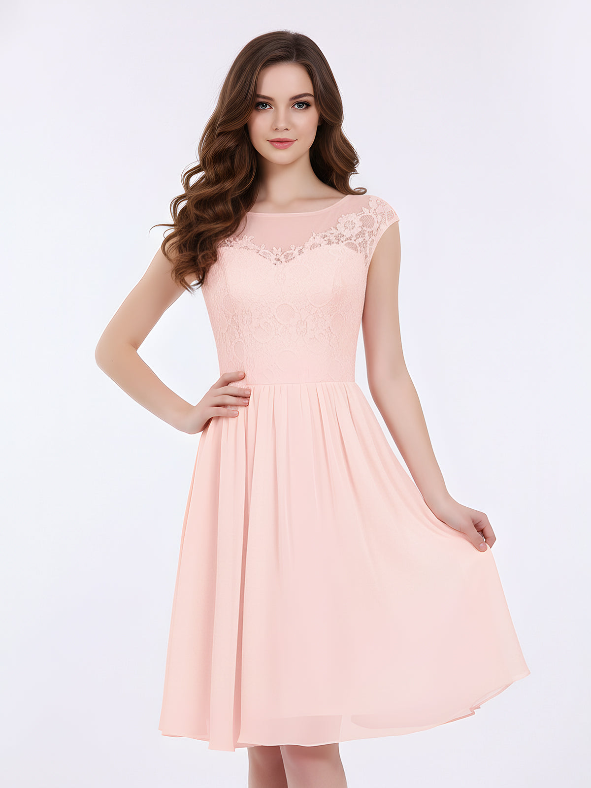 BABARONI Chiffon and Lace Short Bridesmaid Gown Pearl Pink, Pearl Pink / US0