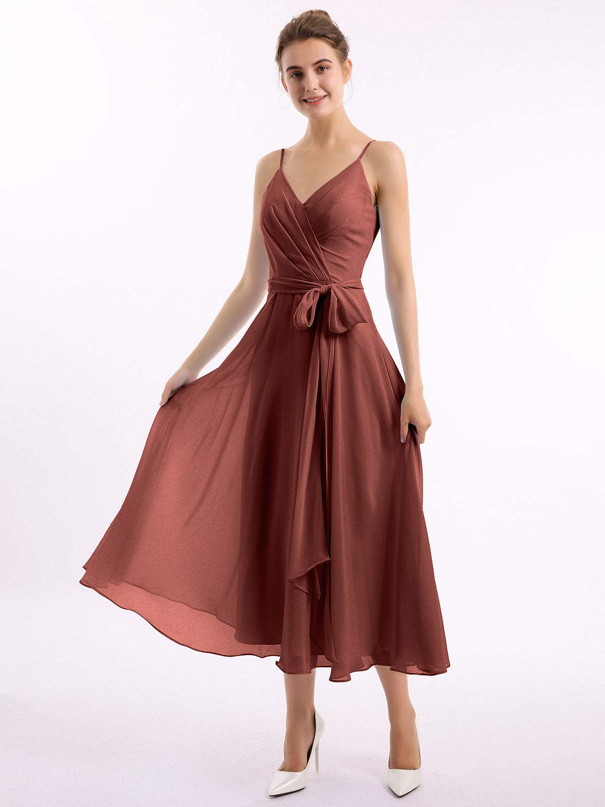 chiffon terracotta bridesmaid dress BABARONI Spaghetti Strap T length Dress with Sash Bow Terracotta, Terracotta / US0