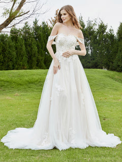 Off-the-shoulder Lace Bodice Appliqued Wedding Dress-Ivory/Champagne