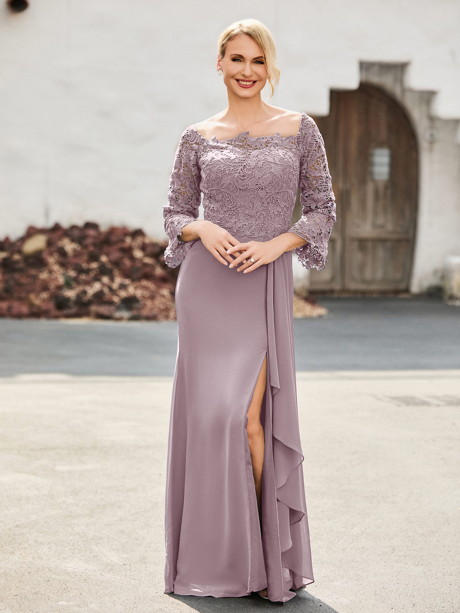 Lace and Chiffon Maxi Cap Sleeves Dress Dusk