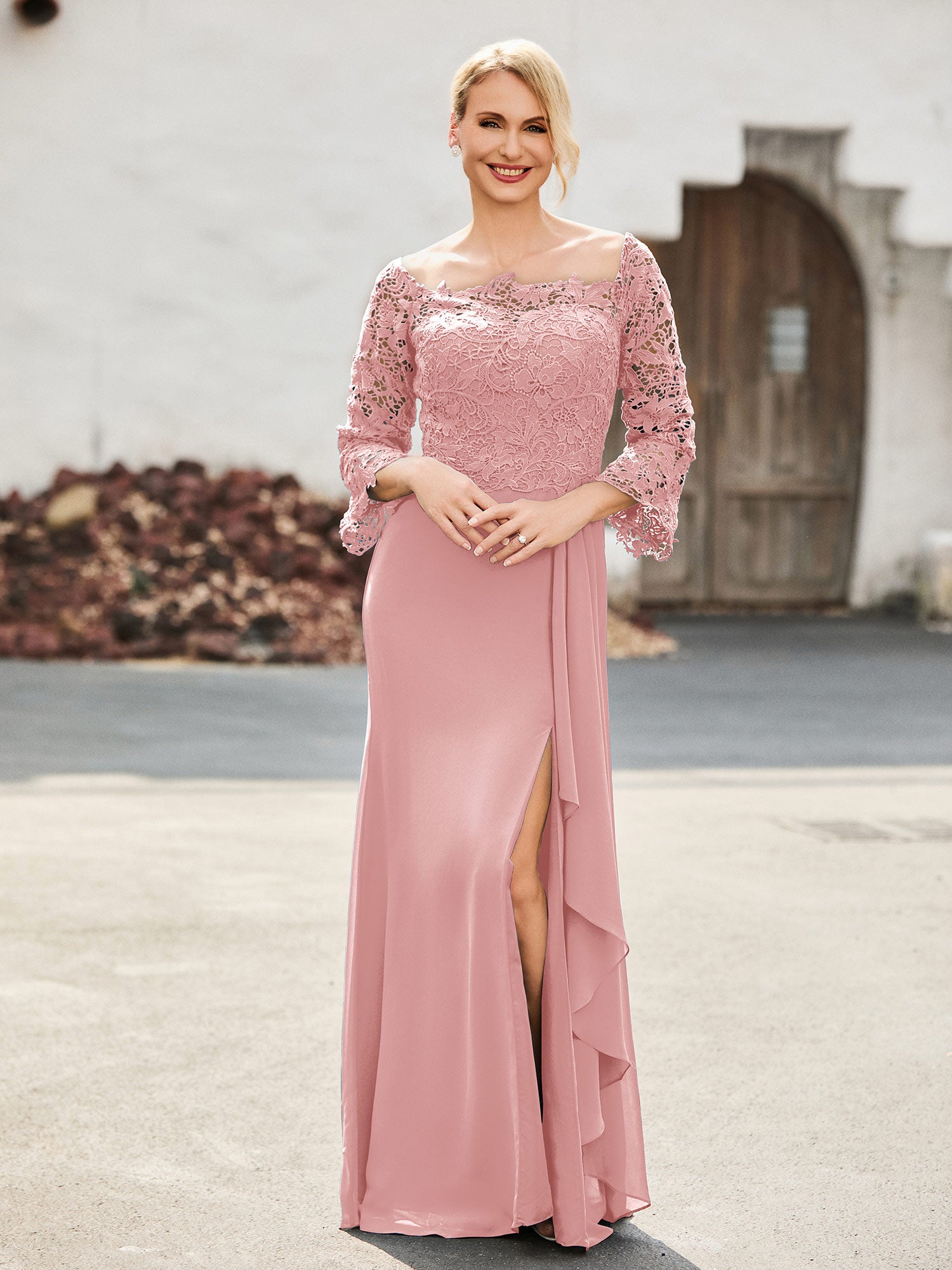 BABARONI Lace and Chiffon Mother of The Bride Dress with Off-The-Shoulder and Square Neck