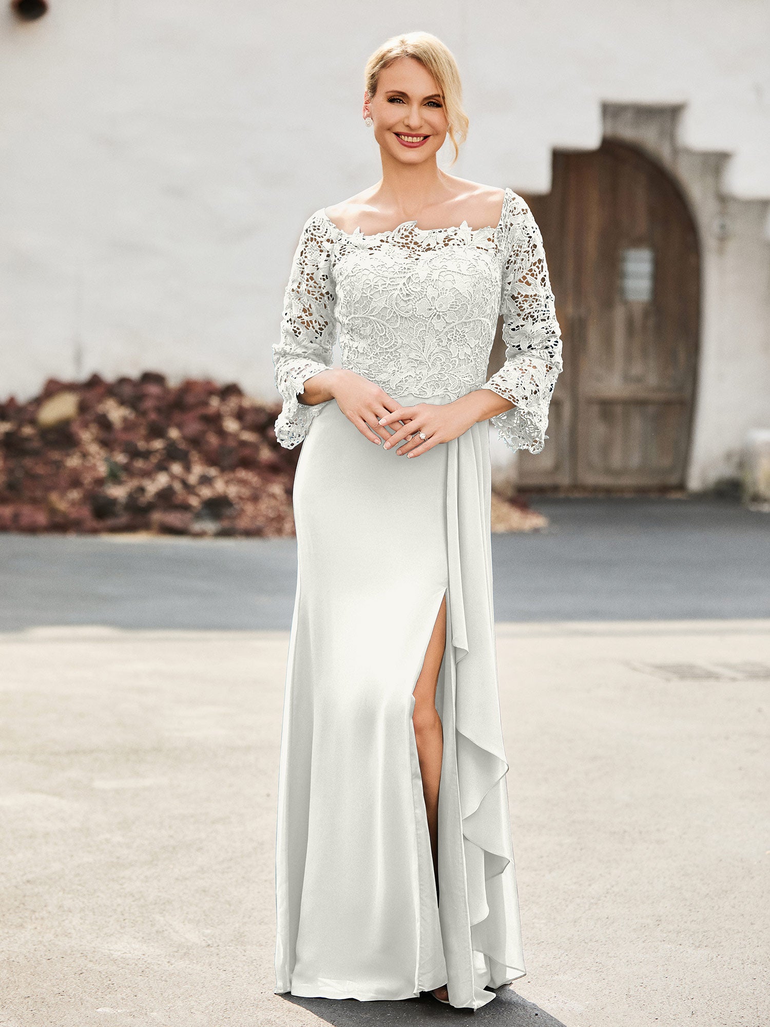 Elegant Off-the-Shoulder Lace Top Chiffon Dress Flamingo
