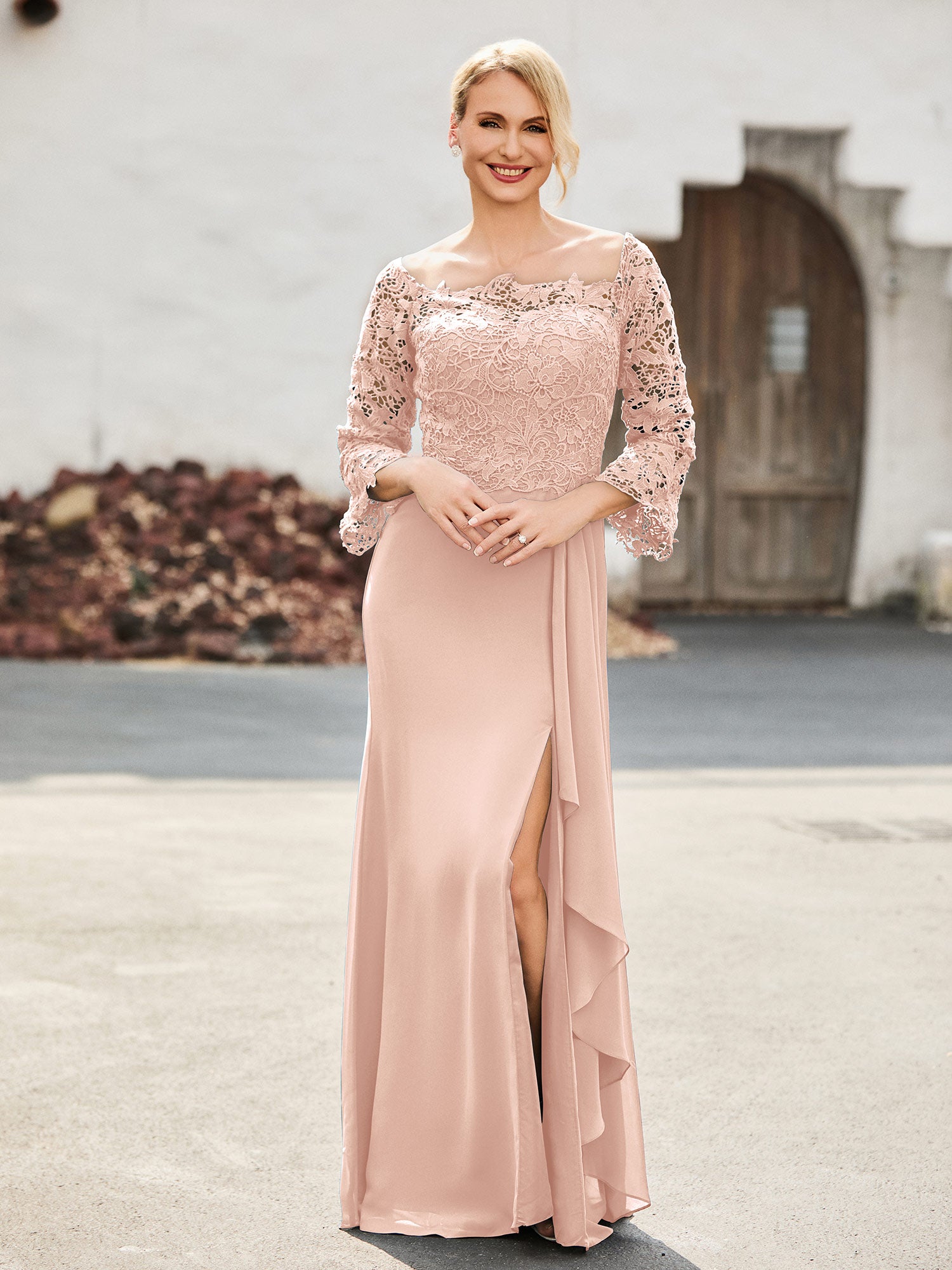 BABARONI Lace and Chiffon Mother of The Bride Dress with Off-The-Shoulder and Square Neck