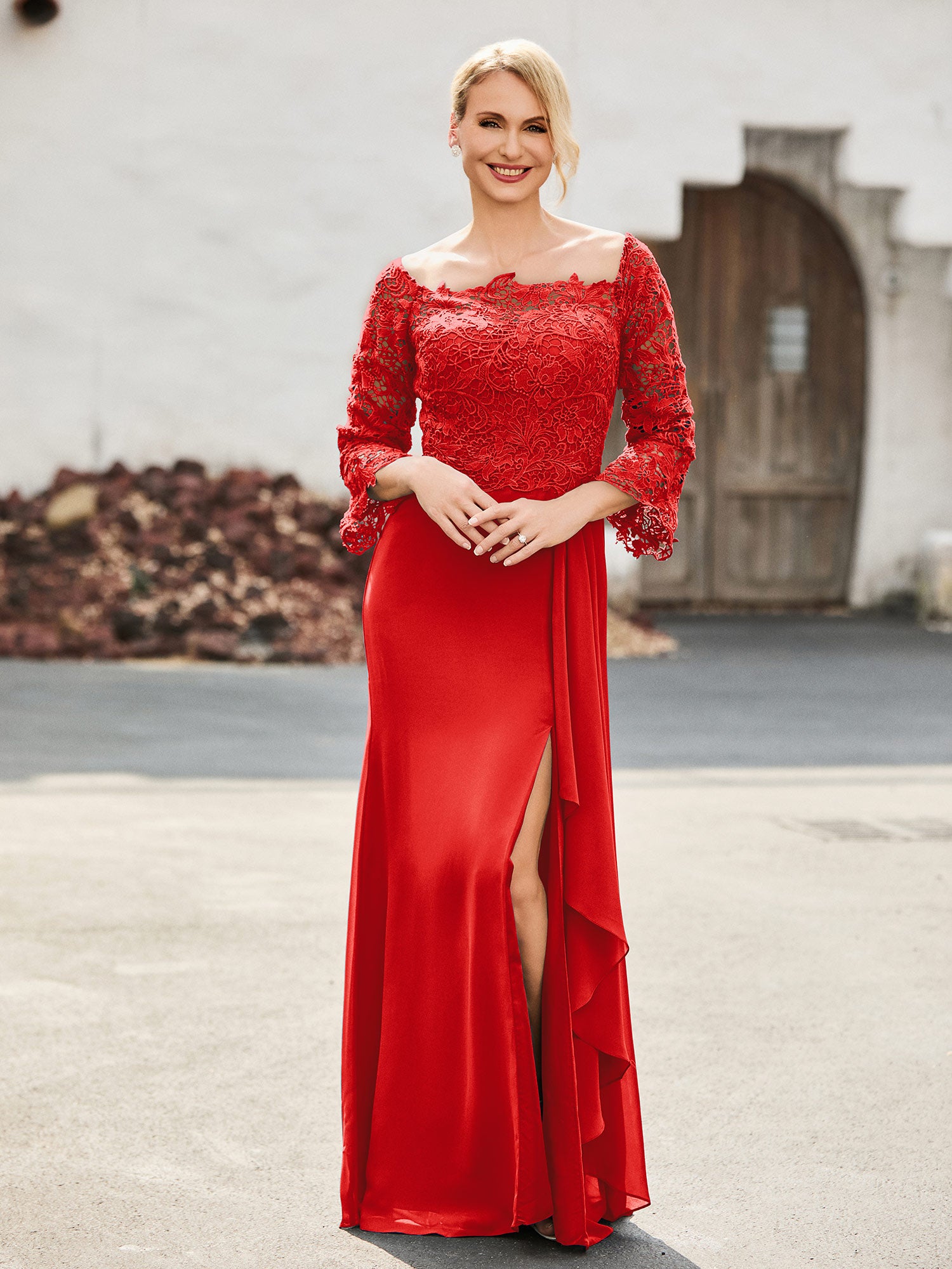 Elegant Off-the-Shoulder Lace Top Chiffon Dress Blushing Pink