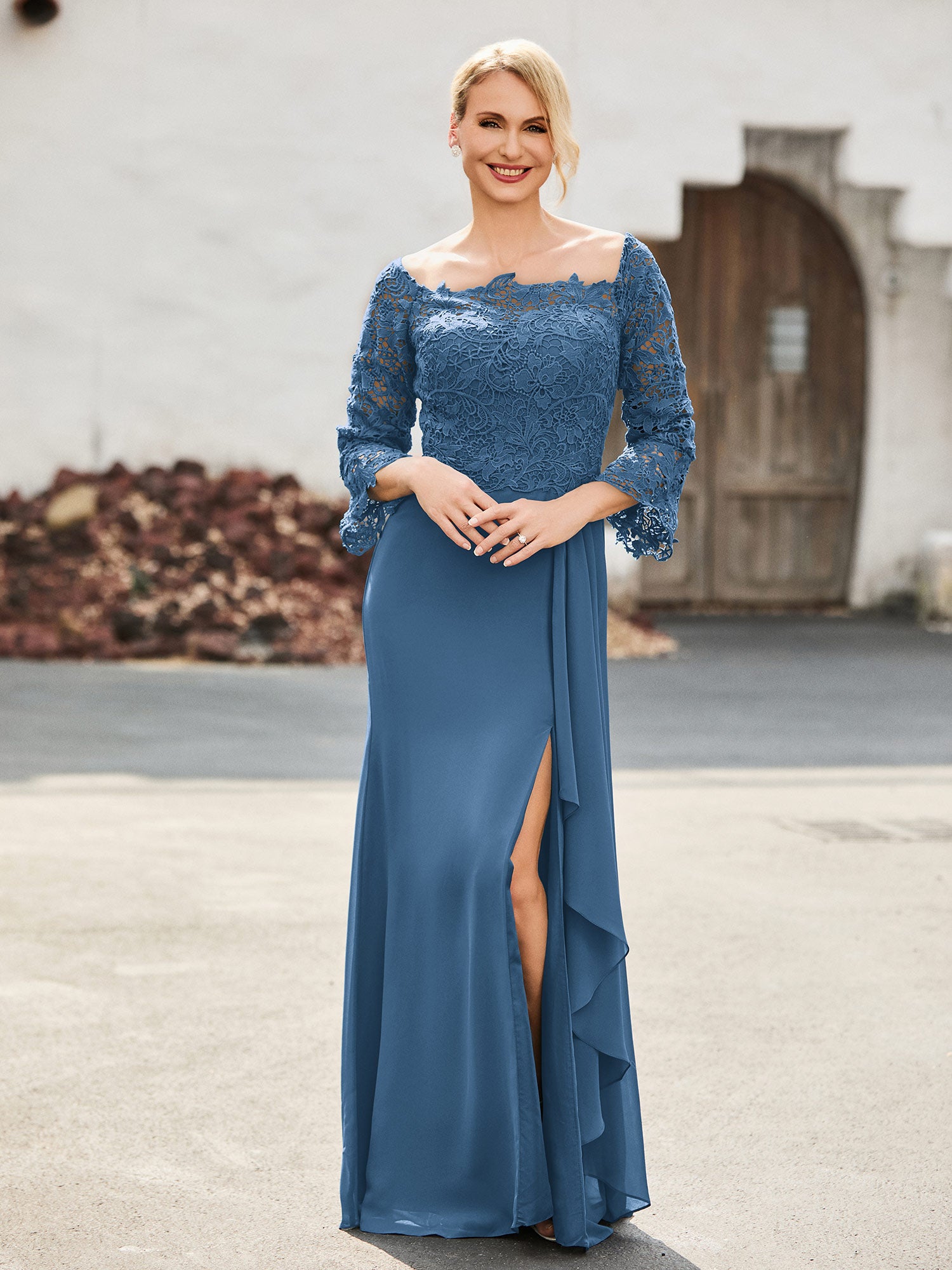 Off-the-Shoulder Lace Top Chiffon Dress Slate Blue