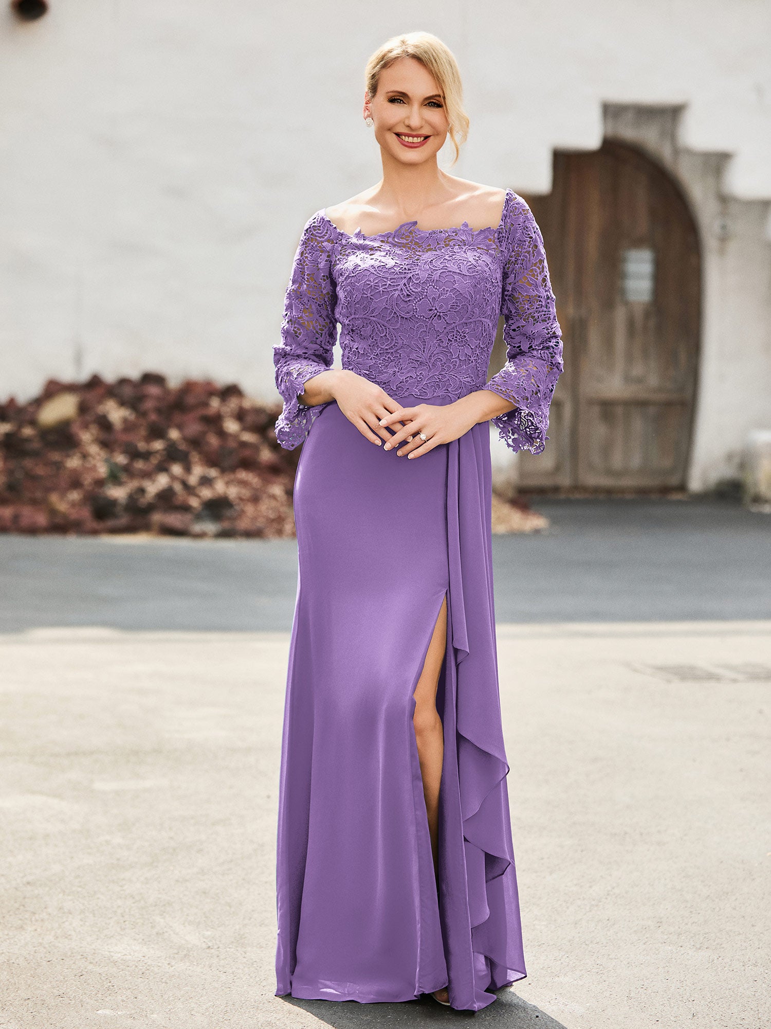 Illusion Neckline Chiffon Dress With Lace Tahiti