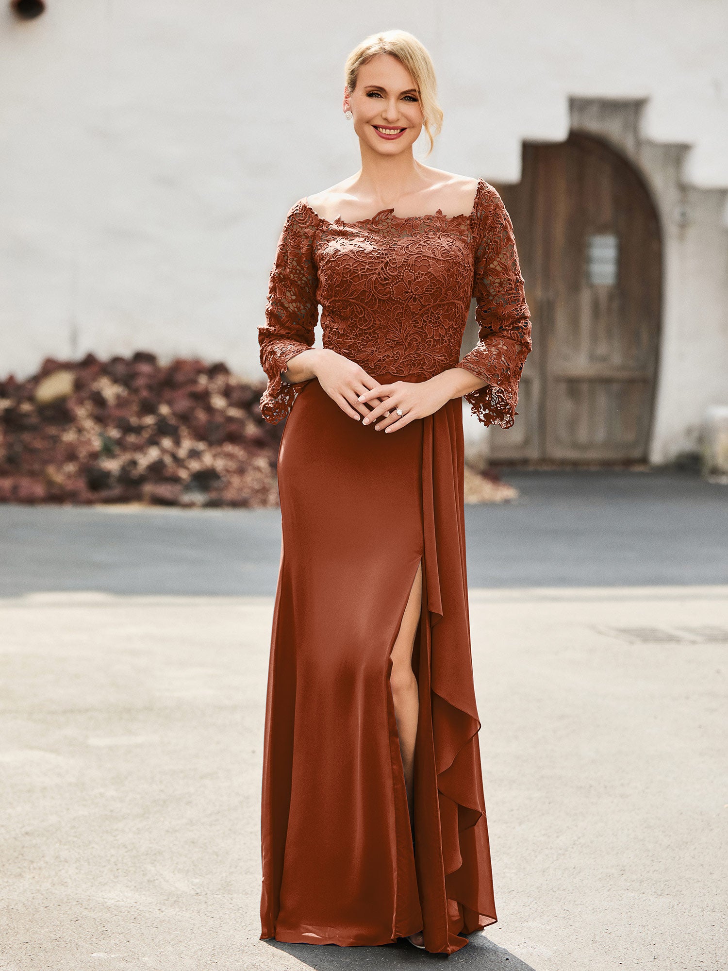 BABARONI Lace and Chiffon Mother of the Bride Dress with Off-the-Shoulder and Square Neck BABARONI Lace and Chiffon Mother of the Bride Dress with Off-the-Shoulder and Square Neck