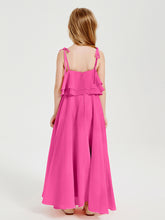 Long Chiffon Junior Bridesmaid Dresses Bowknot Spaghetti Straps Azalea