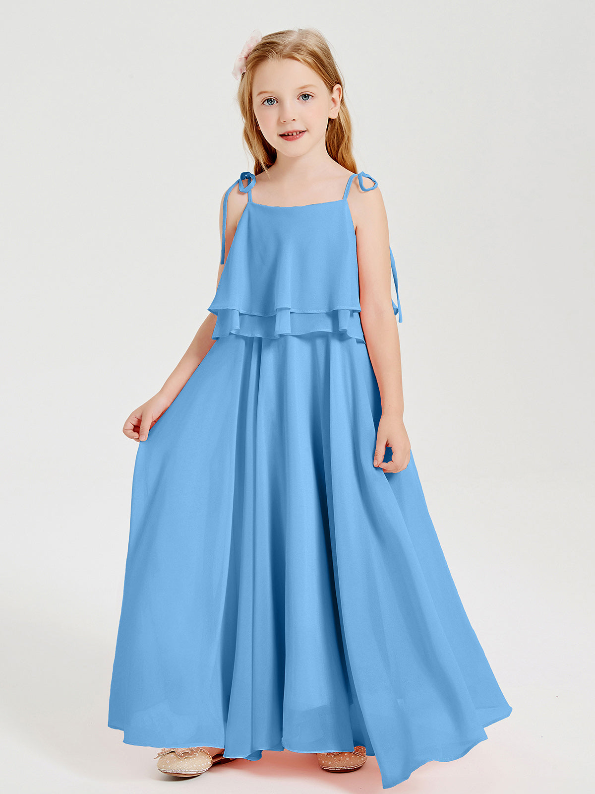 BABARONI Long Chiffon Junior Bridesmaid Dresses Bowknot Spaghetti Straps Blue, Blue / J4