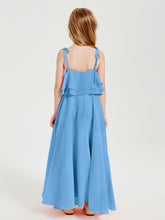 Long Chiffon Junior Bridesmaid Dresses Bowknot Spaghetti Straps Blue