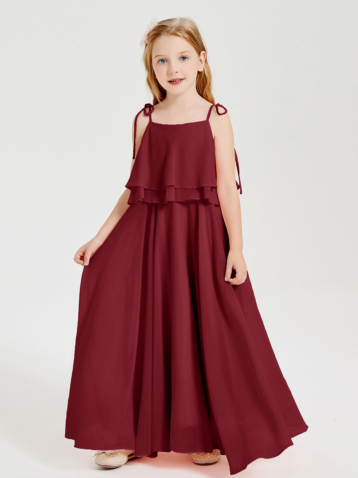 BABARONI Long Chiffon Junior Bridesmaid Dresses Bowknot Spaghetti Straps Burgundy, Burgundy / J4