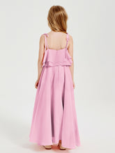 Long Chiffon Junior Bridesmaid Dresses Bowknot Spaghetti Straps Candy Pink