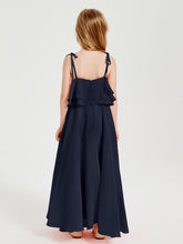 Long Chiffon Junior Bridesmaid Dresses Bowknot Spaghetti Straps Dark Navy