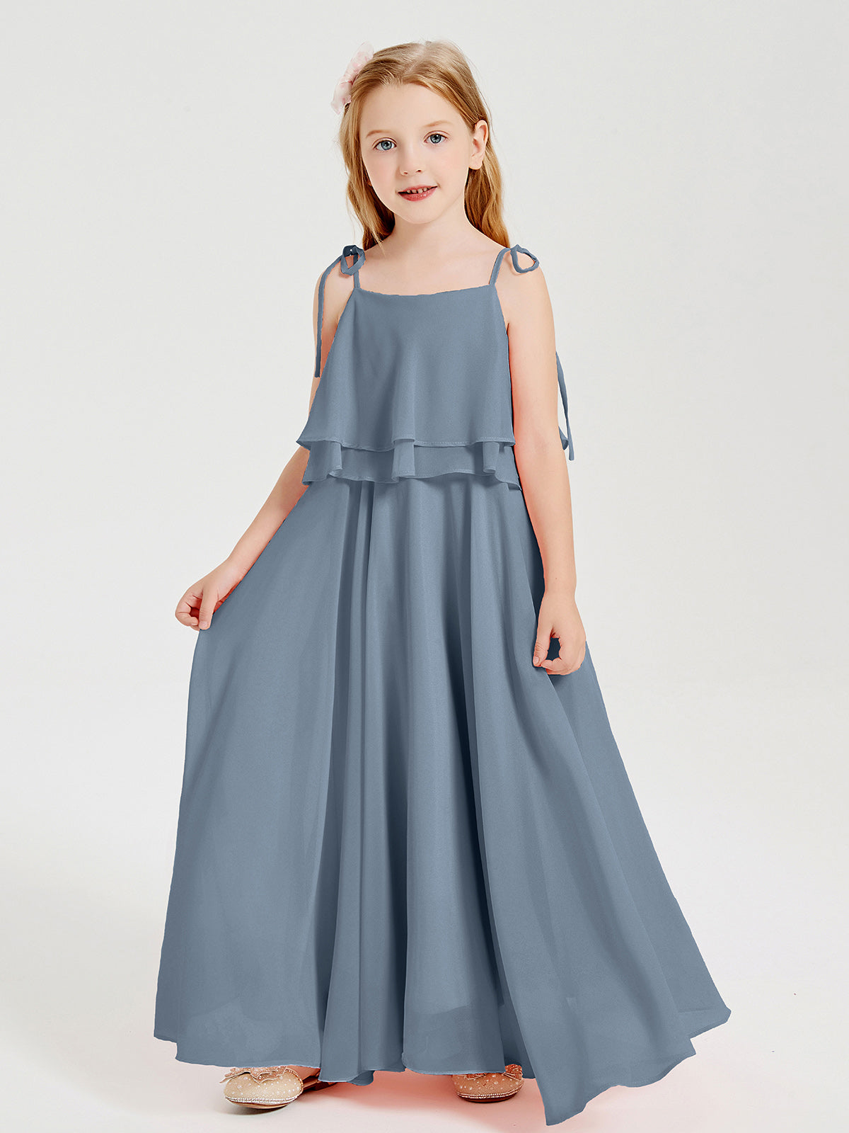 V-neck Spaghetti Straps Long Junior Bridesmaid Dress Ink Blue