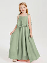 Long Chiffon Junior Bridesmaid Dresses Bowknot Spaghetti Straps Dusty Sage