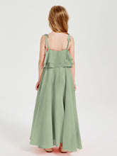 Long Chiffon Junior Bridesmaid Dresses Bowknot Spaghetti Straps Dusty Sage