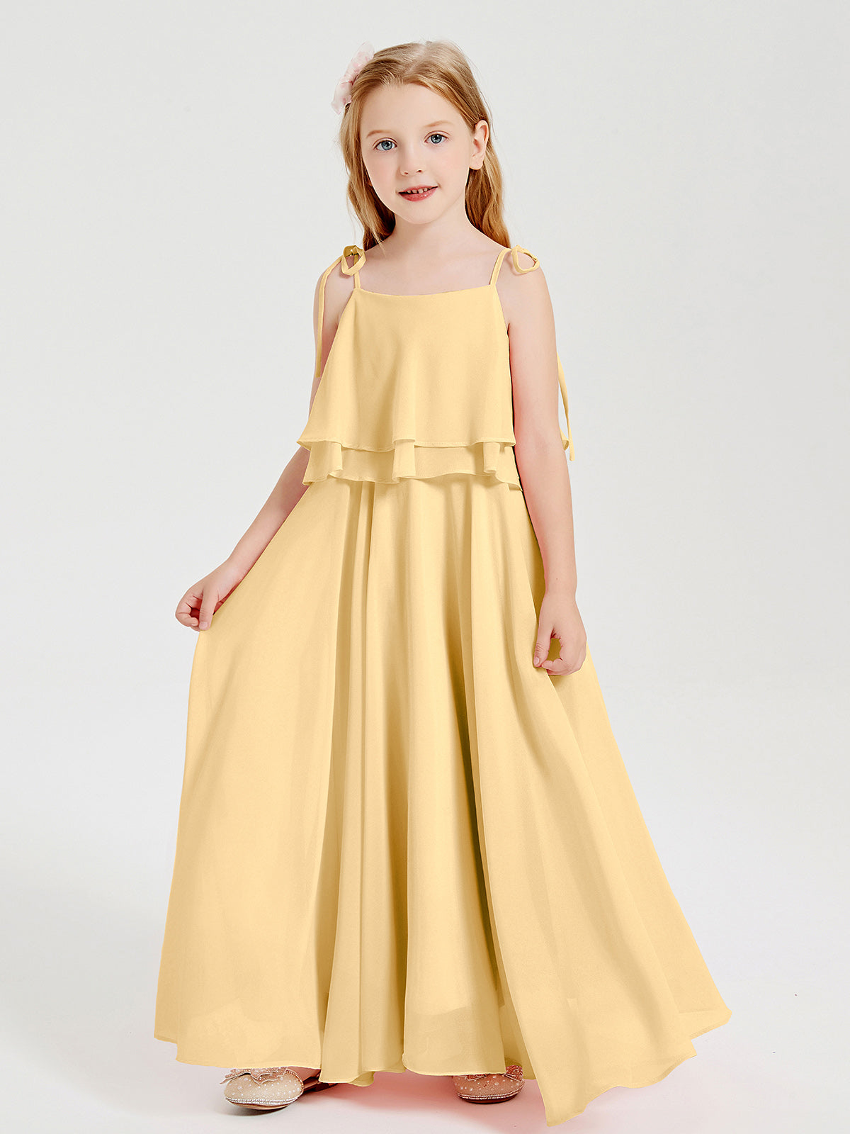BABARONI Long Chiffon Junior Bridesmaid Dresses Bowknot Spaghetti Straps Gold, Gold / J4 BABARONI Long Chiffon Junior Bridesmaid Dresses Bowknot Spaghetti Straps Gold, Gold / J4