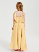 Long Chiffon Junior Bridesmaid Dresses Bowknot Spaghetti Straps Gold