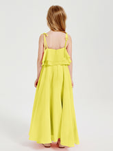 Long Chiffon Junior Bridesmaid Dresses Bowknot Spaghetti Straps Lemon