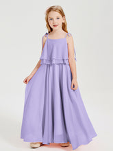 Long Chiffon Junior Bridesmaid Dresses Bowknot Spaghetti Straps Lilac