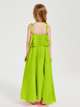 Long Chiffon Junior Bridesmaid Dresses Bowknot Spaghetti Straps Lime Green