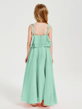Long Chiffon Junior Bridesmaid Dresses Bowknot Spaghetti Straps Mint Green