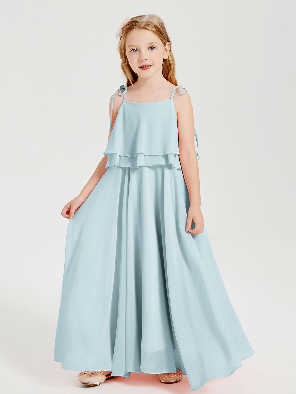 BABARONI Long Chiffon Junior Bridesmaid Dresses Bowknot Spaghetti Straps Mist, Mist / J4