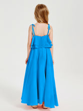 Long Chiffon Junior Bridesmaid Dresses Bowknot Spaghetti Straps Ocean Blue